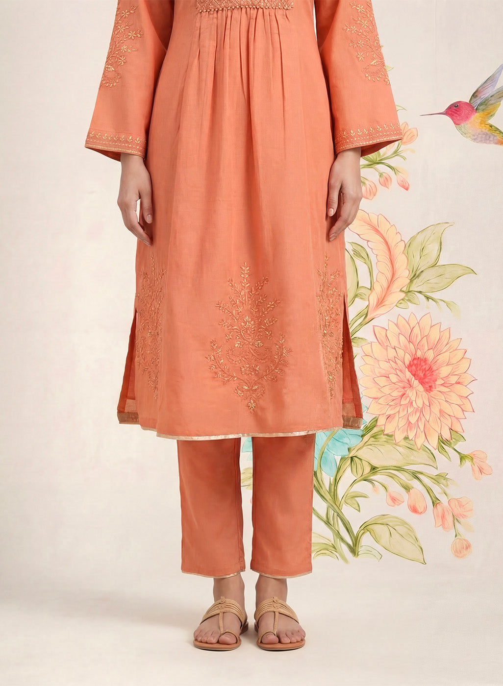 Malang Light Orange Embroidered A-line Kurta Set