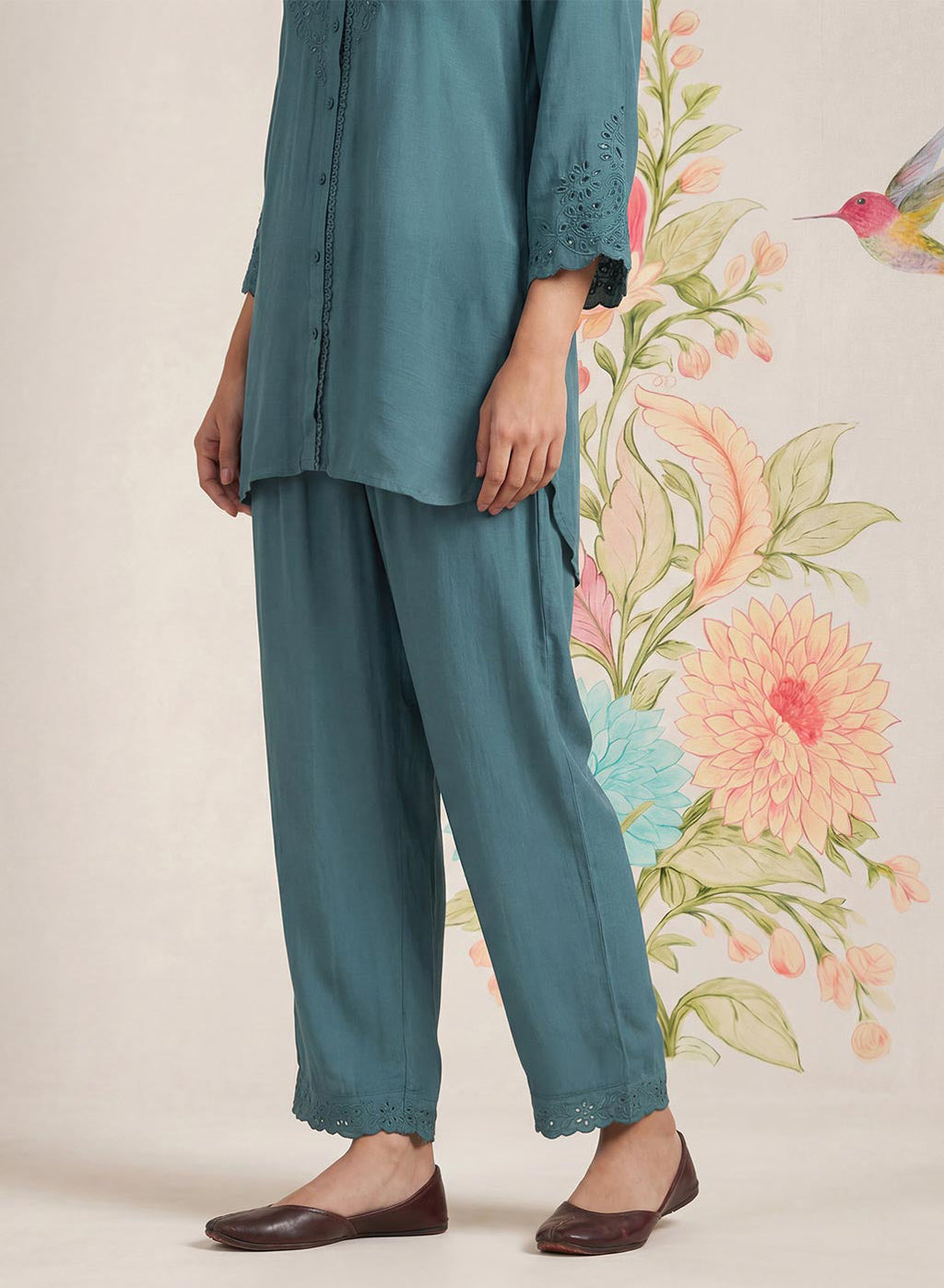 Zoa Teal Monochrome Embroidered Co-ord Set