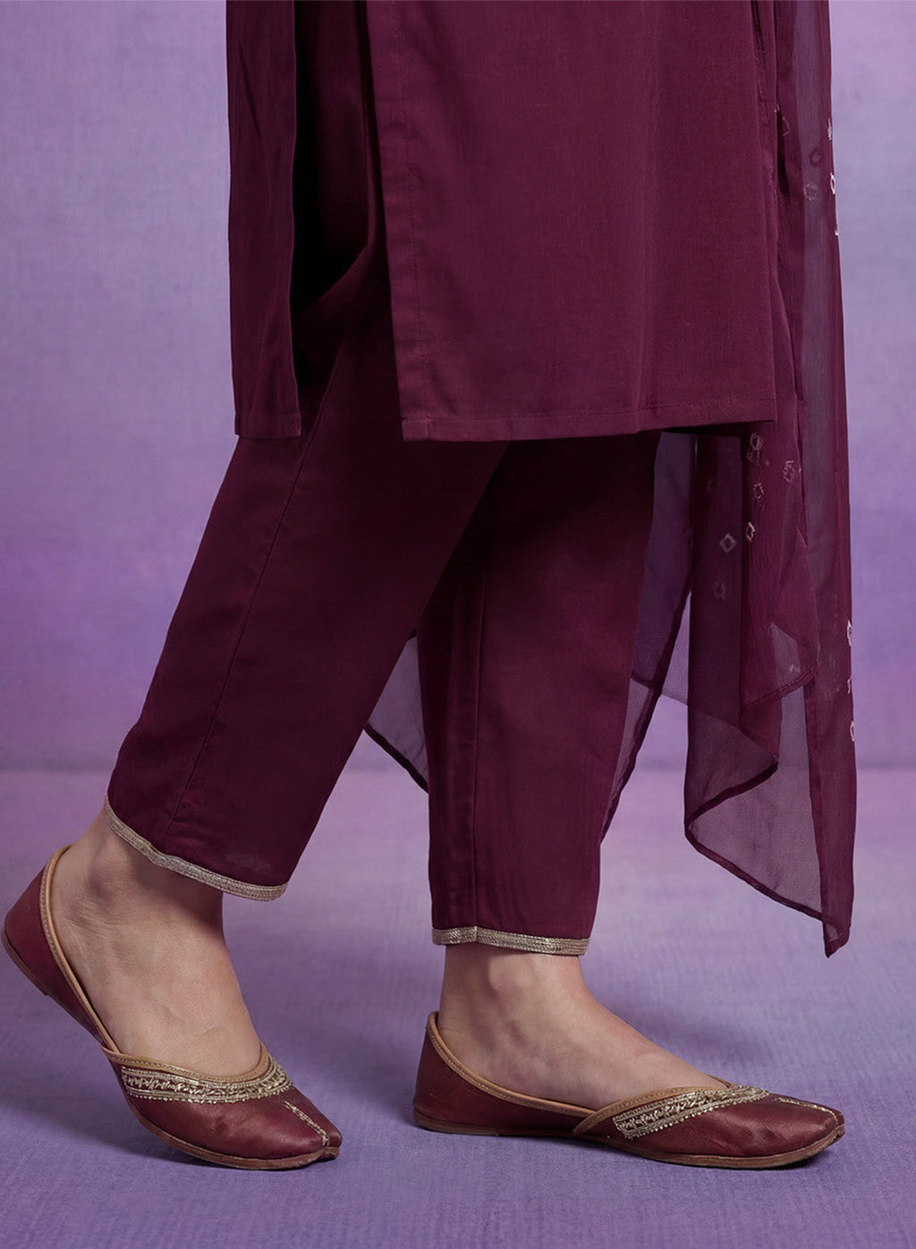 Wine Embroidered Straight Suit Set with Dupatta