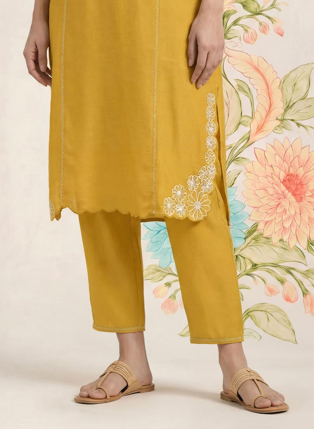 Saroja Yellow Embroidered A-line Kurta Set
