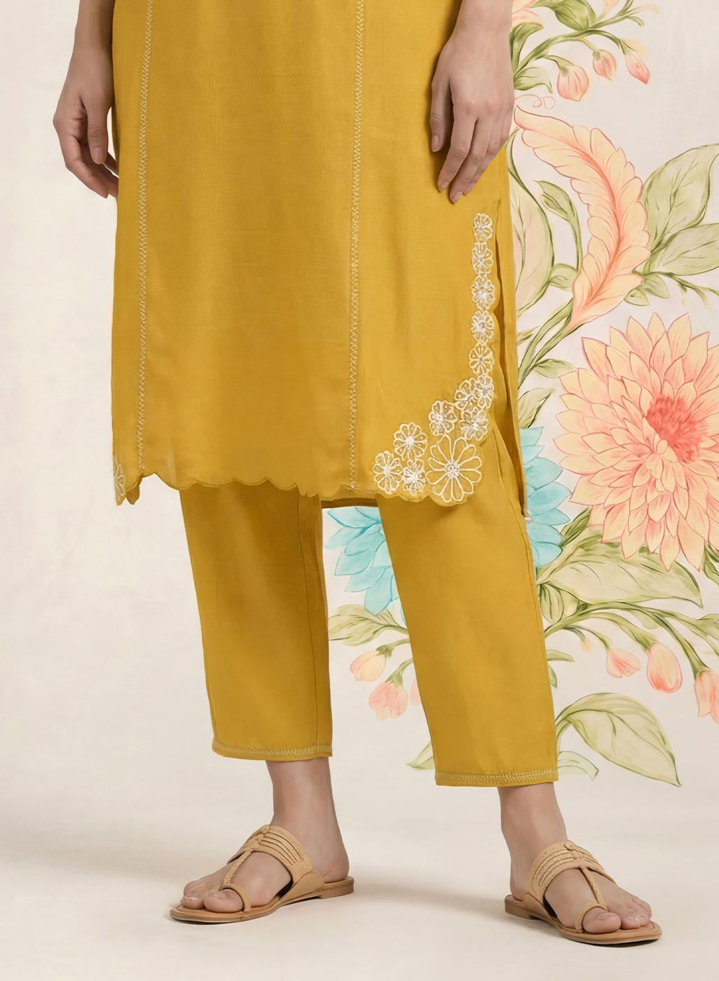 Saroja Yellow Embroidered A-line Kurta Set