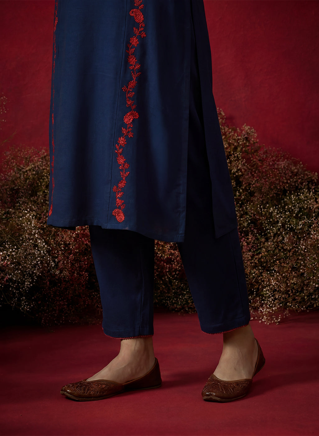 Navy Blue Embroidered Cotton Blend Everyday Kurta