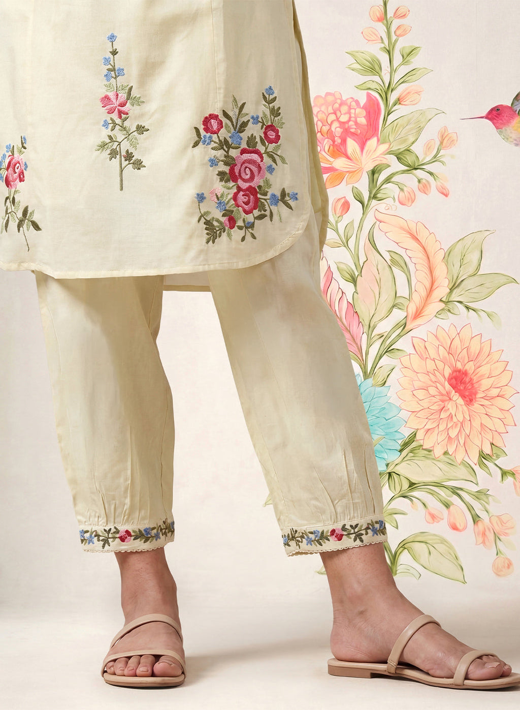 Saavan Light Green Embroidered Cotton blend Kurta Set