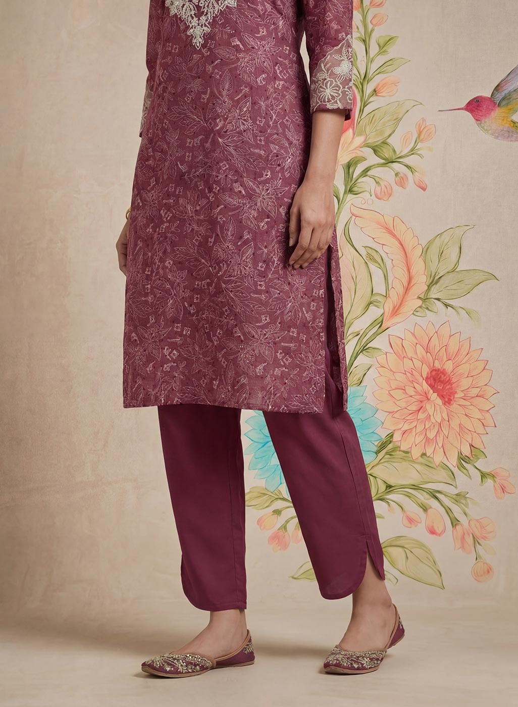 Iraavat Wine Embroidered Cotton Kurta Set