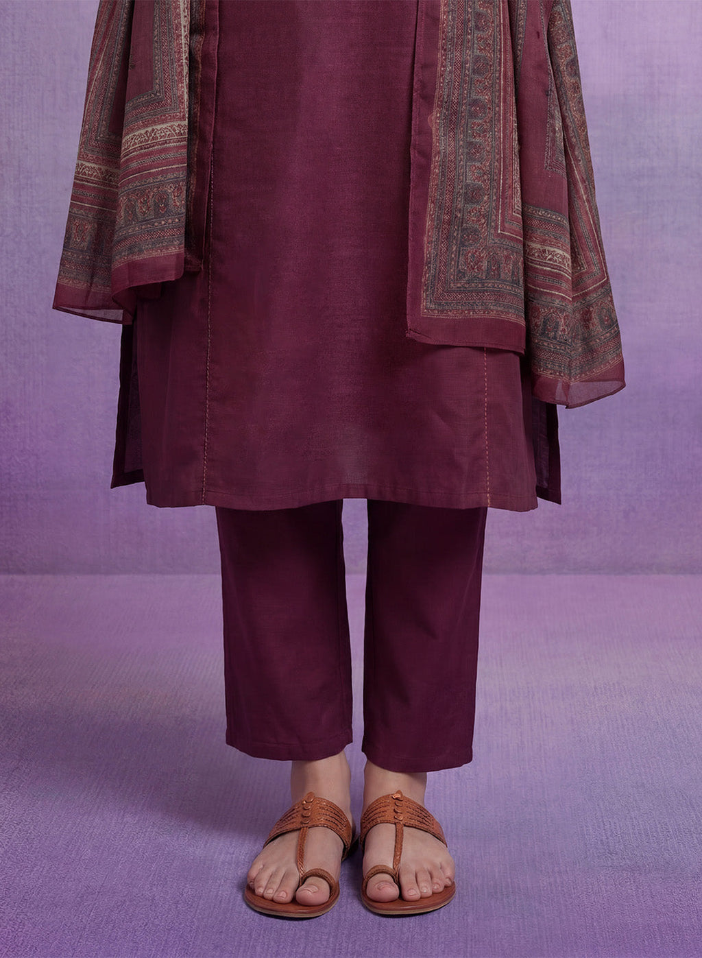 Wine Embroidered Suit Set with Dupatta