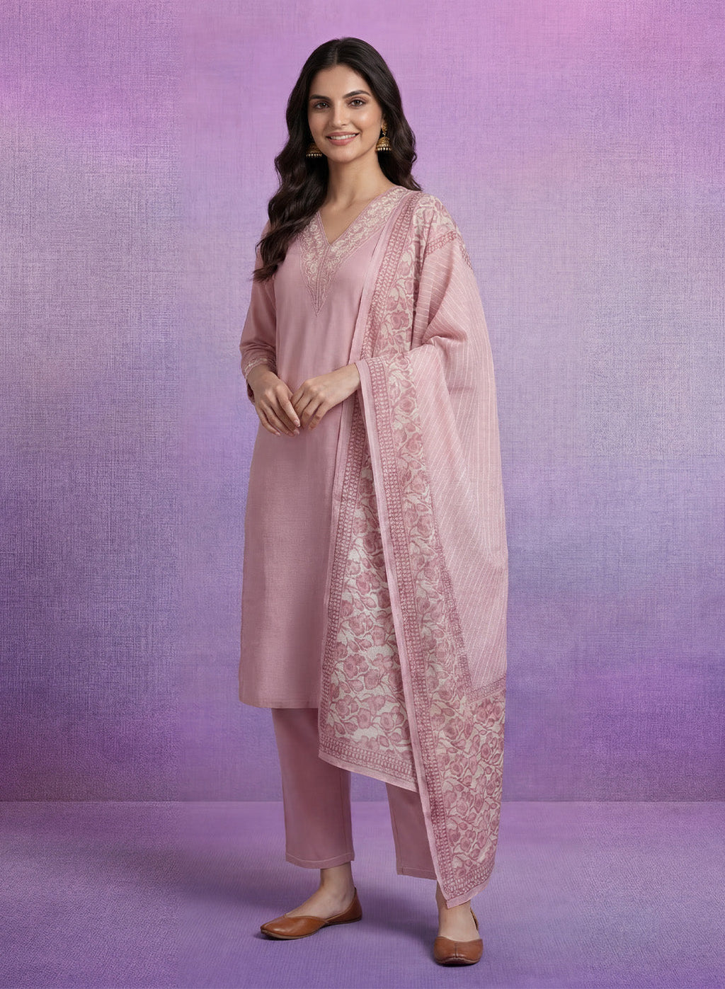 Pink mbroidered Suit Set with Dupatta