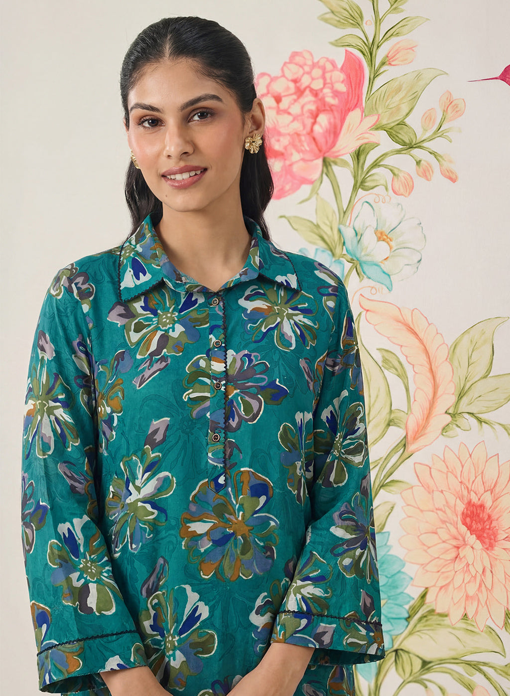 Khumari Teal Printed Cotton Blend Co-ord Set