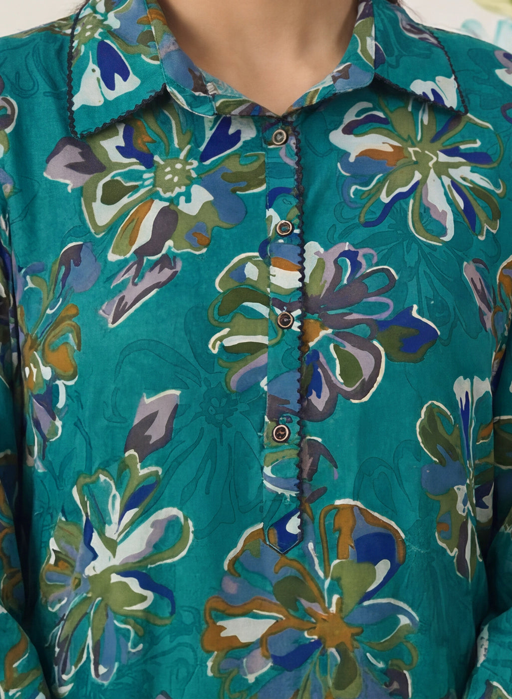 Khumari Teal Printed Cotton Blend Co-ord Set