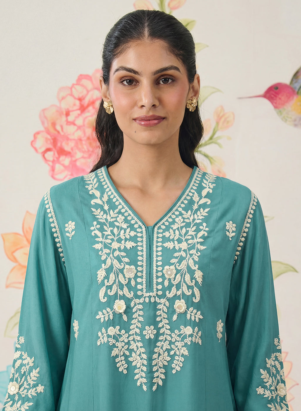 Yashvi Turquoise Cotton Blend Embroidered Kurta