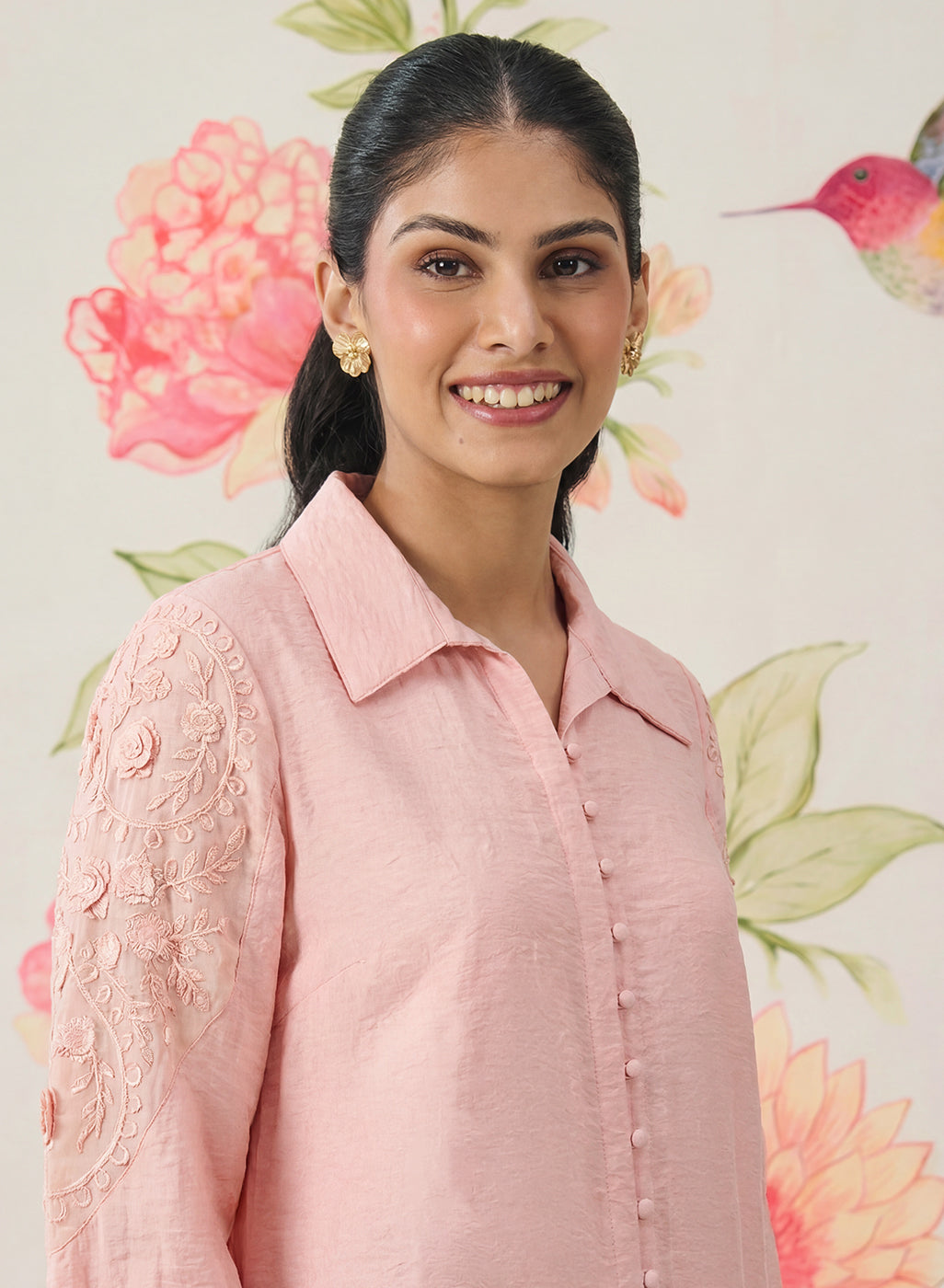 Pink Embroidered Linen Co-ord Set