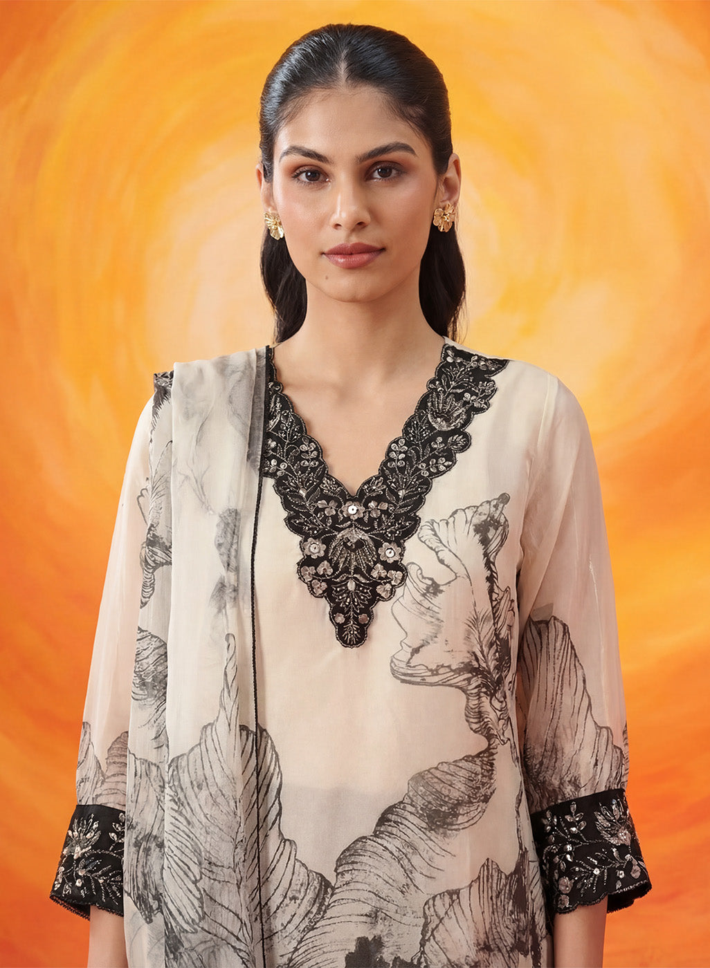 Elaf Black Printed Organza Suit Set with Dupatta