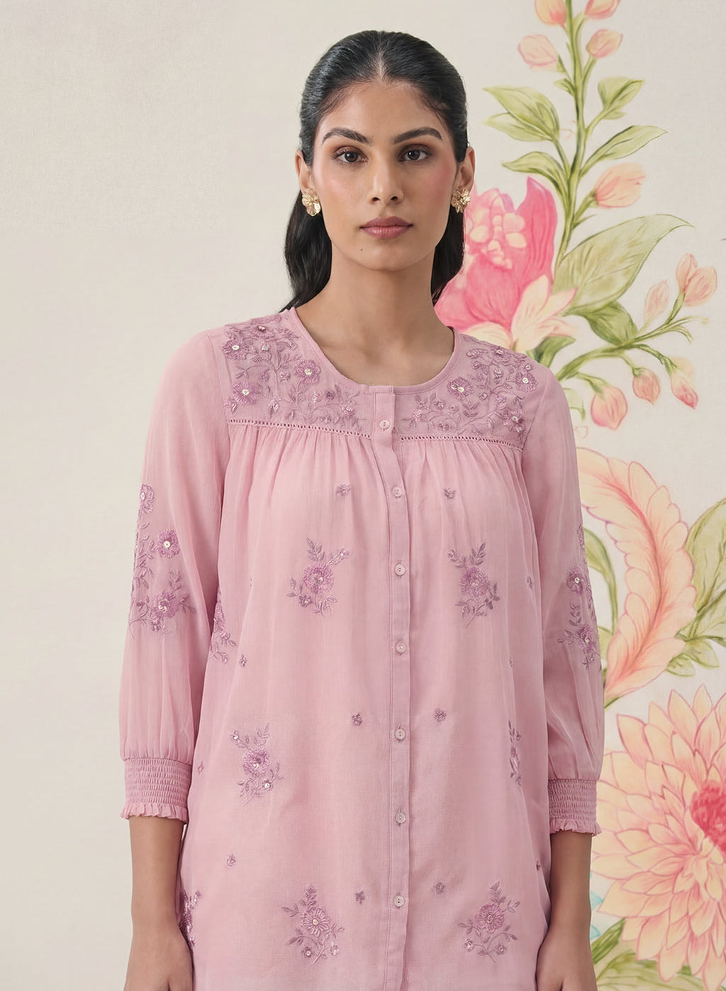 Savera Baby Pink Embroidered Chiffon A-line Top