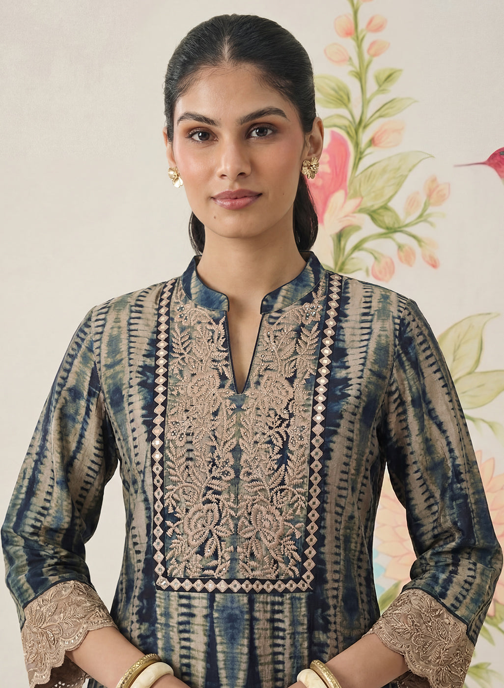 Anika Blue Printed Chanderi Straight Kurta