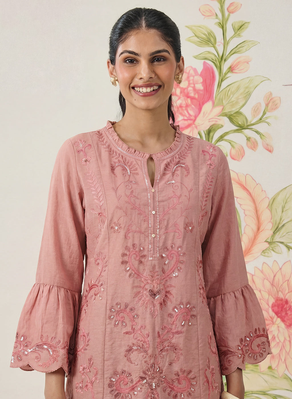 Saaj Light Pink Embroidered Cotton Blend Kurta