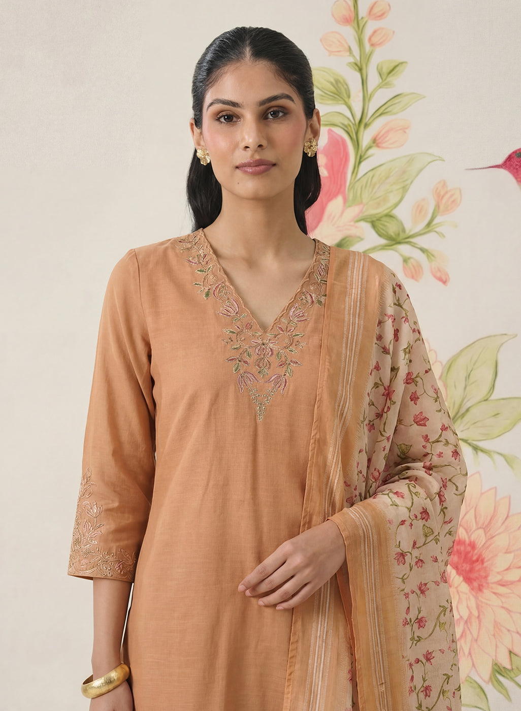 Afsana Mustard Cotton Bend Embroidered A-line Suit Set with Dupatta