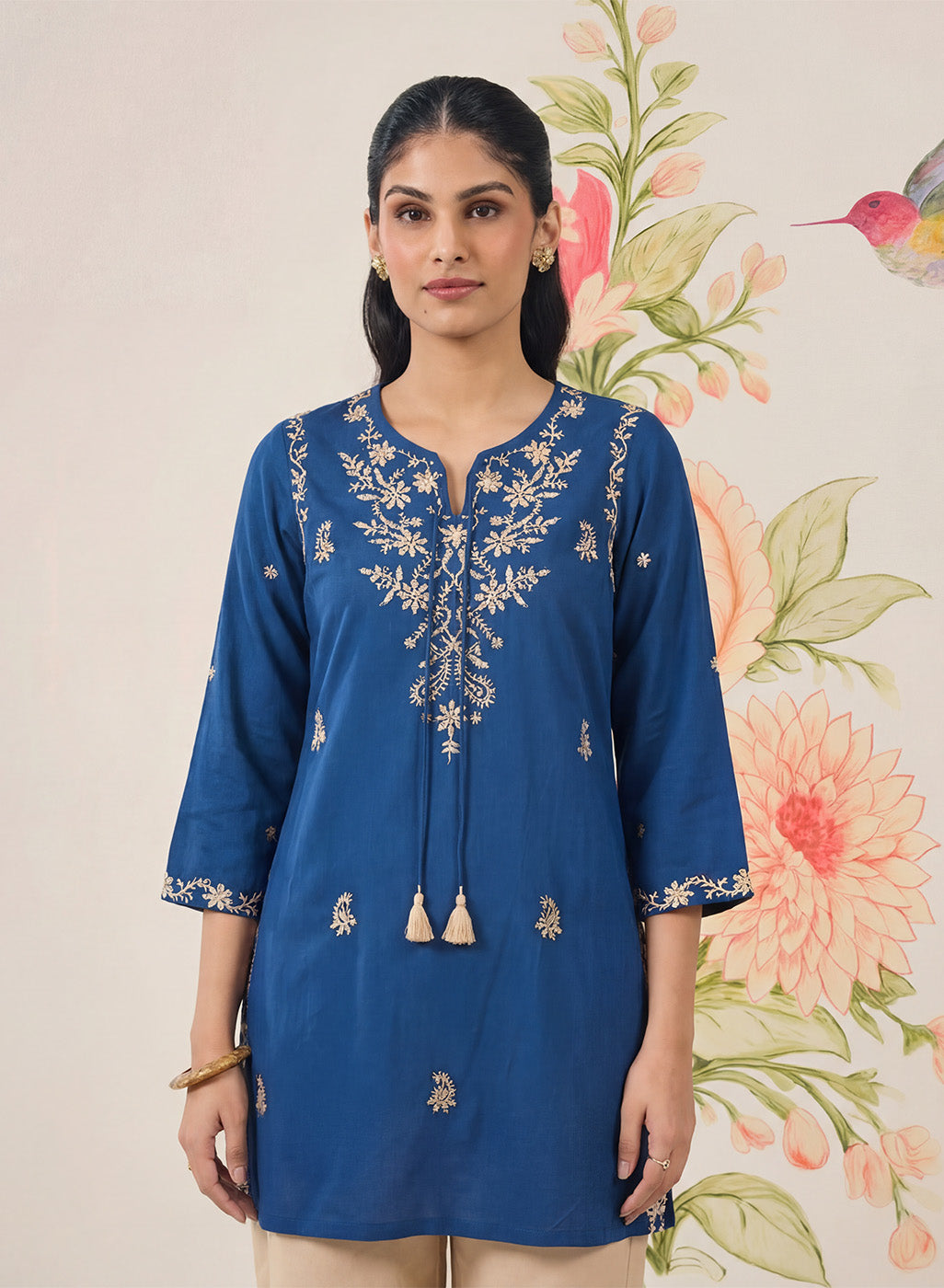 Afiya Blue Cotton Blend Embroidered Kurti