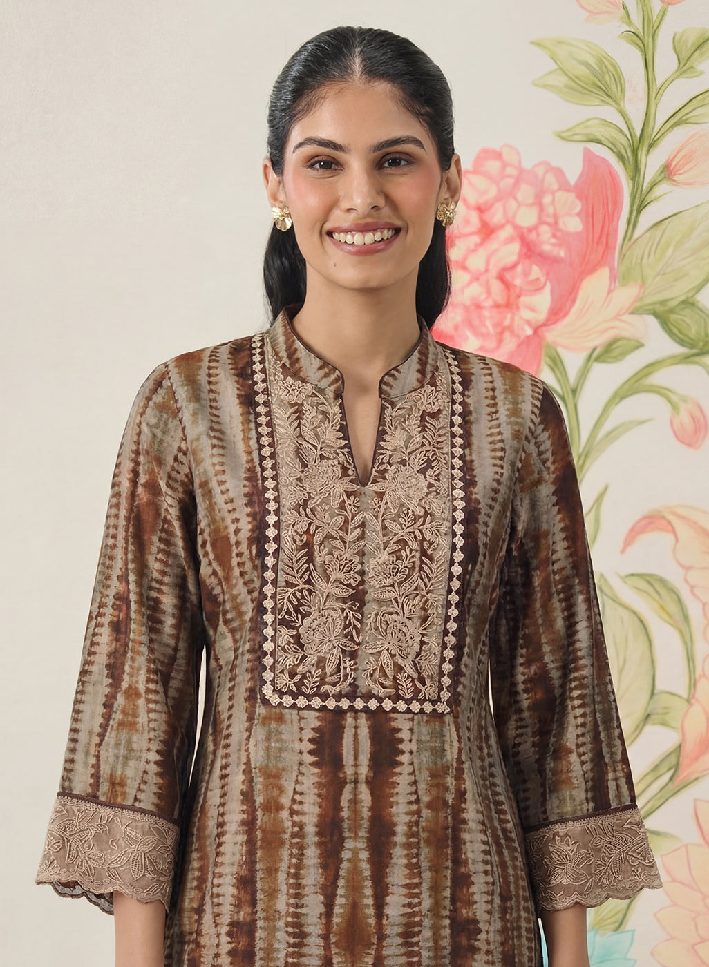 Anika Brown Printed Chanderi Straight Kurta