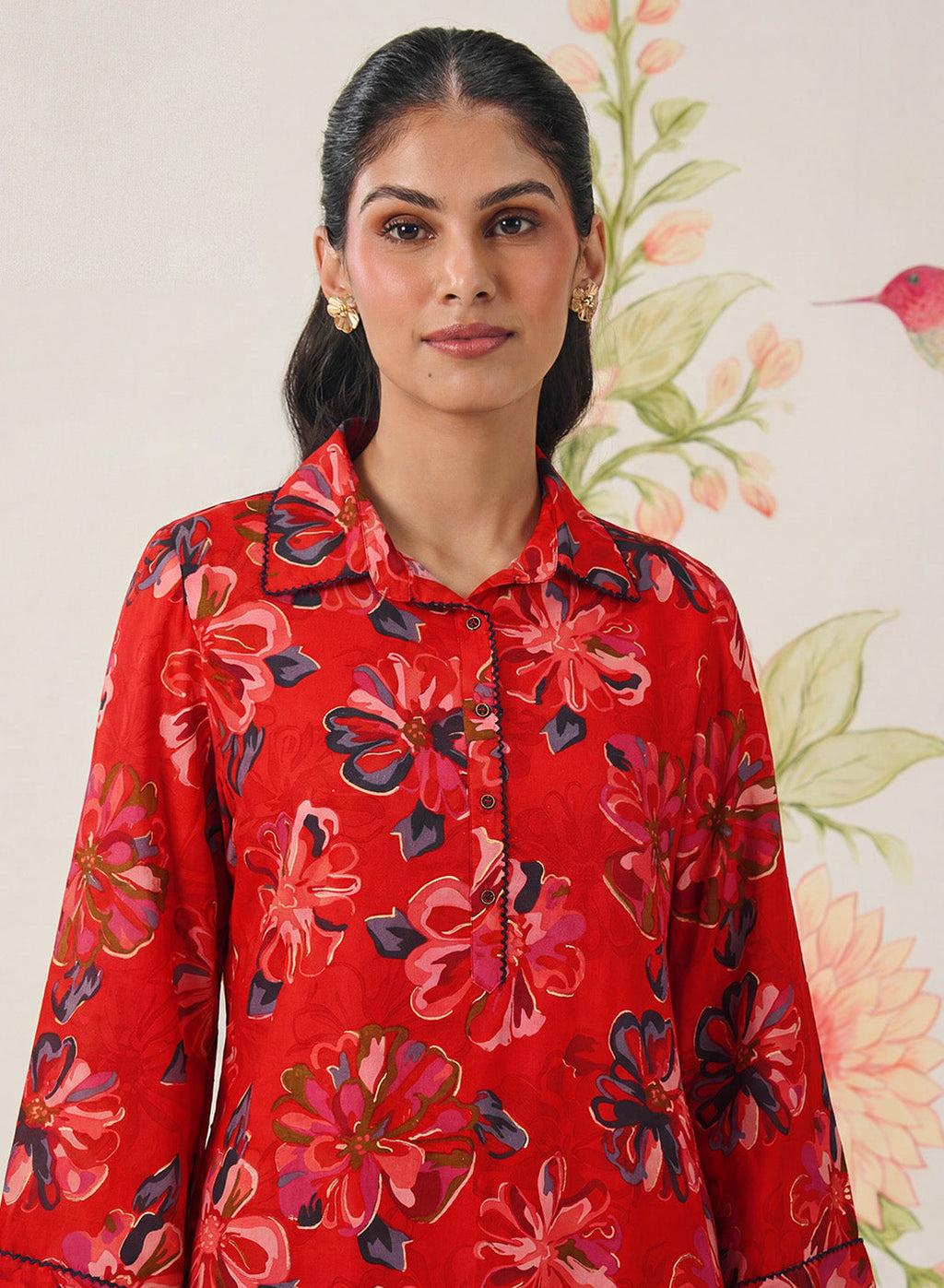 Khumari Red Printed Cotton Blend Co-ord Set