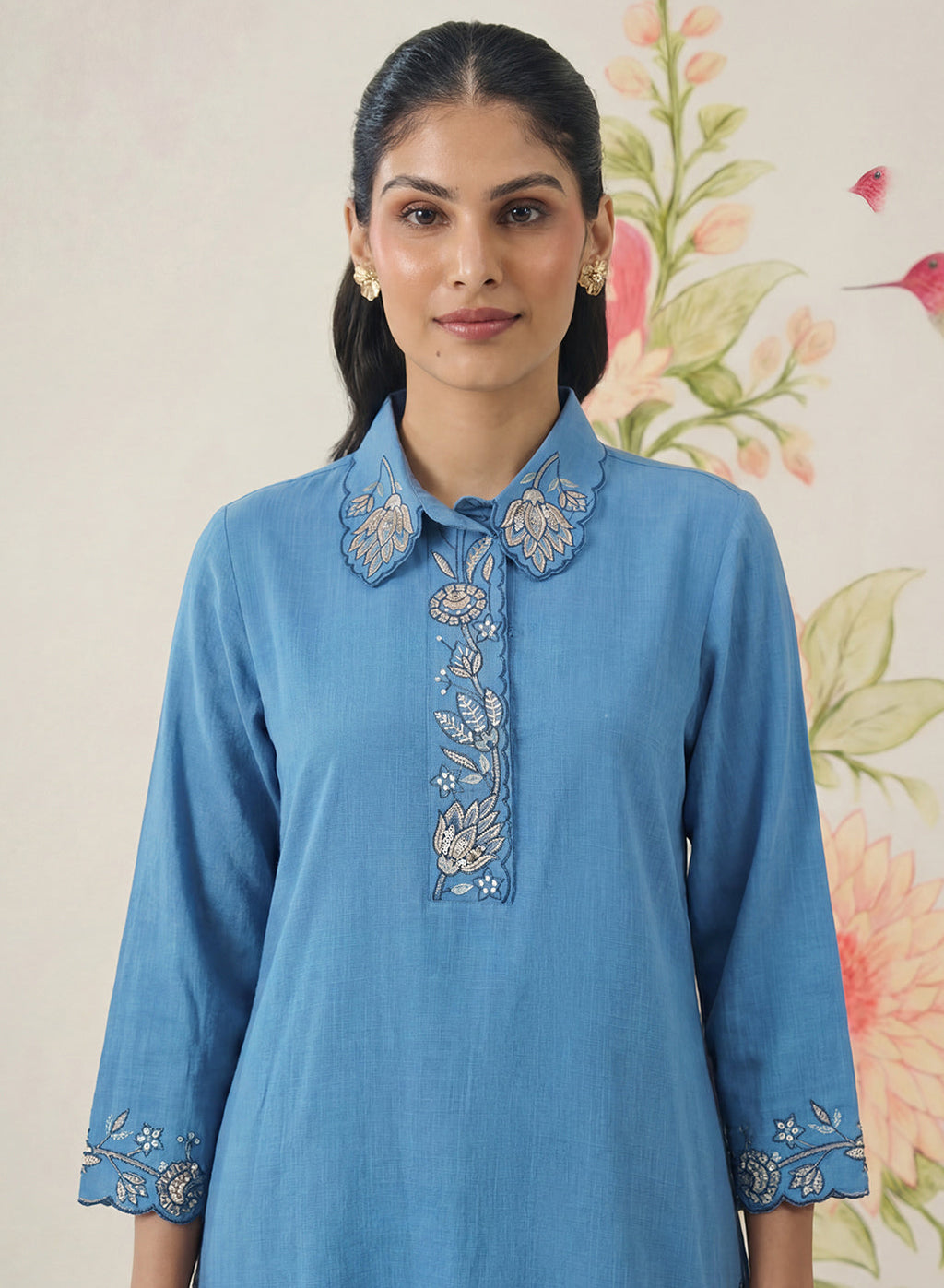 Nayra Blue Embroidered Linen Co-ord Set
