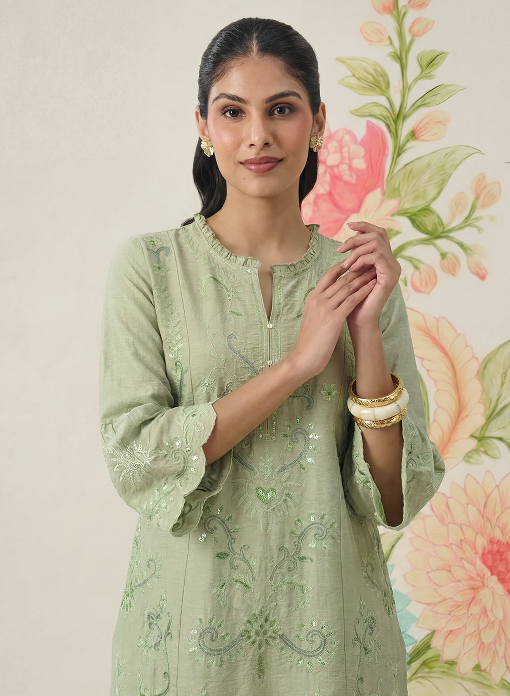 Saaj Light Green Embroidered Cotton Blend Kurta