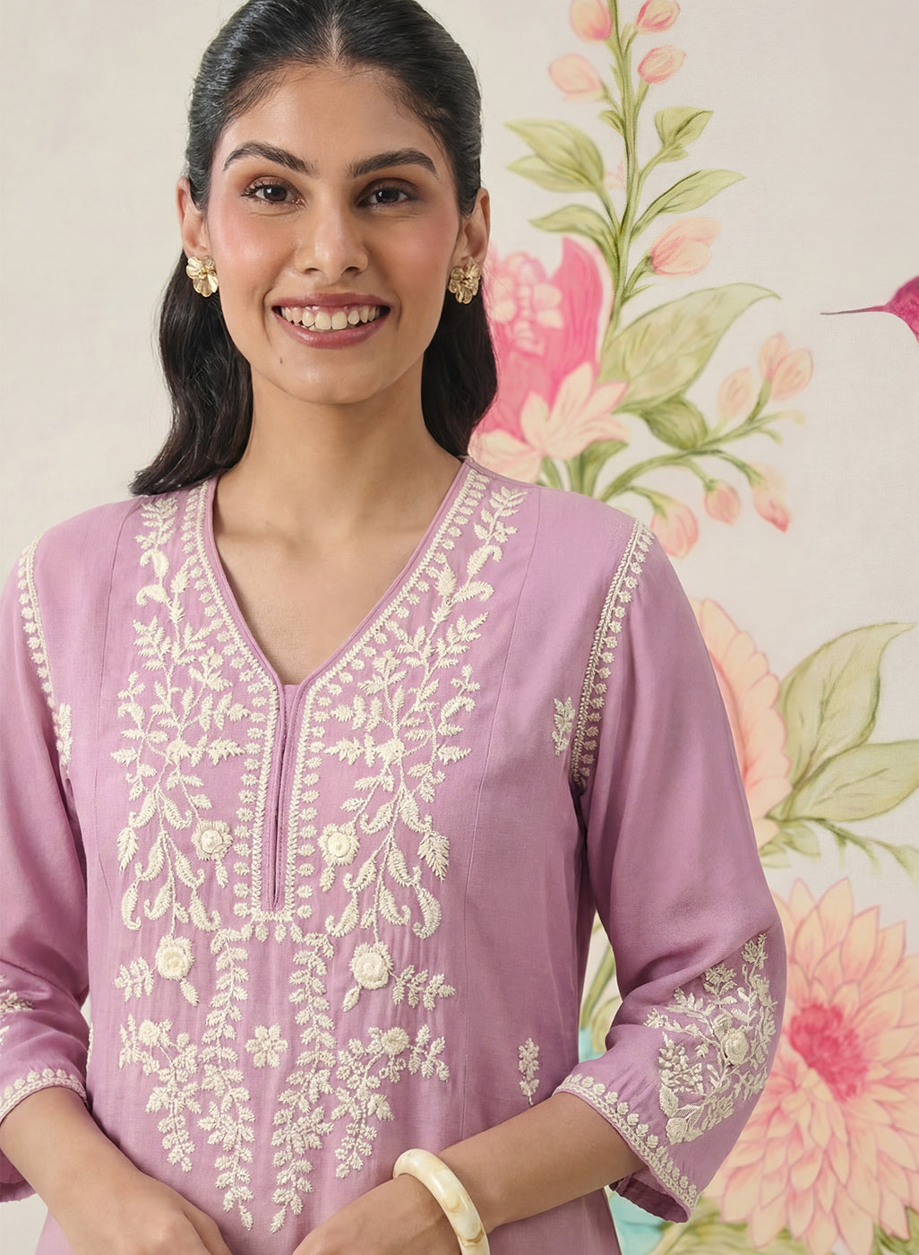 Yashvi Pink Cotton Blend Embroidered Kurta