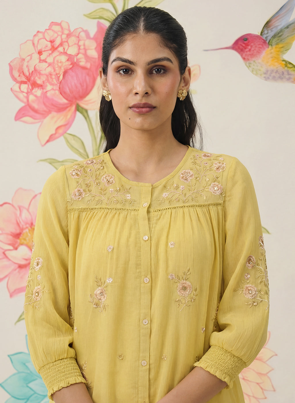 Savera Lemon Yellow Embroidered Chiffon A-line Top