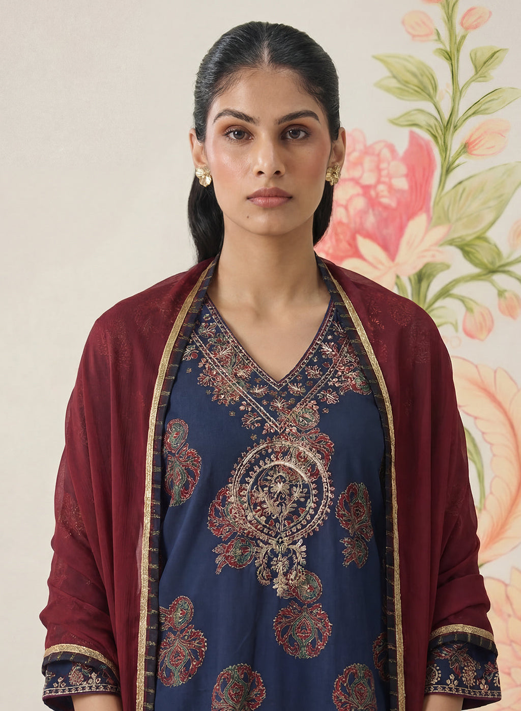 Mehr Navy Printed Cotton Blend Suit Set with Dupatta