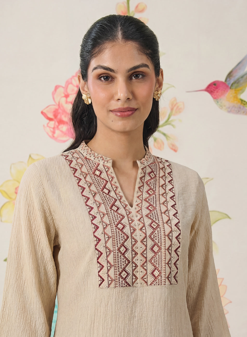 Aviya Beige Cotton Blend Embroidered Straight Kurta