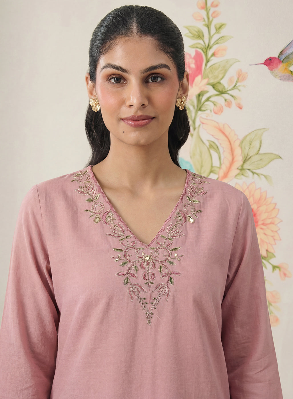 Afsana Pink Cotton Bend Embroidered A-line Suit Set with Dupatta