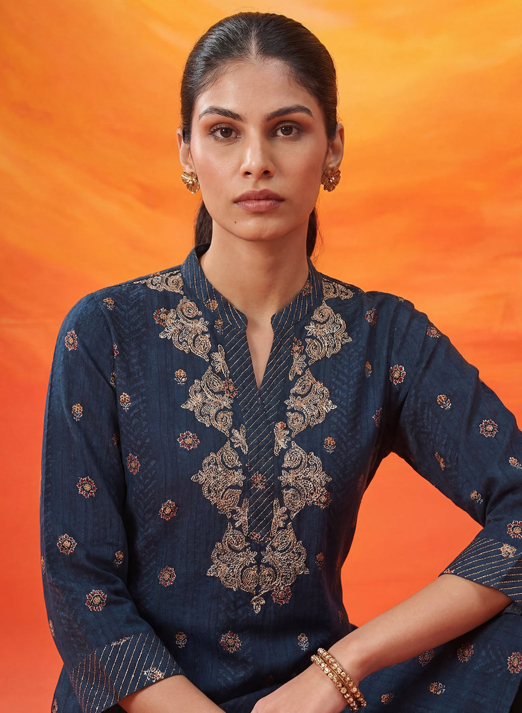 Chalka Navy Printed Cotton Blend Kurta Set