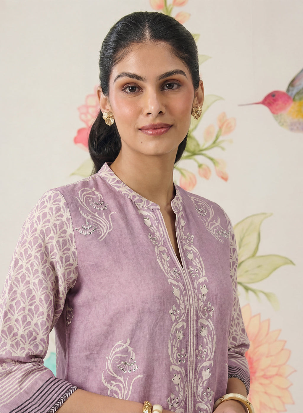 Arpora Lavender Printed Linen Straight Kurta