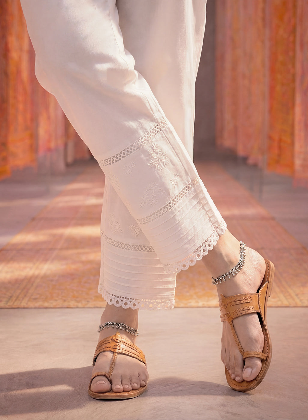 White Lycra Embroidered Straight-Fit Palazzos