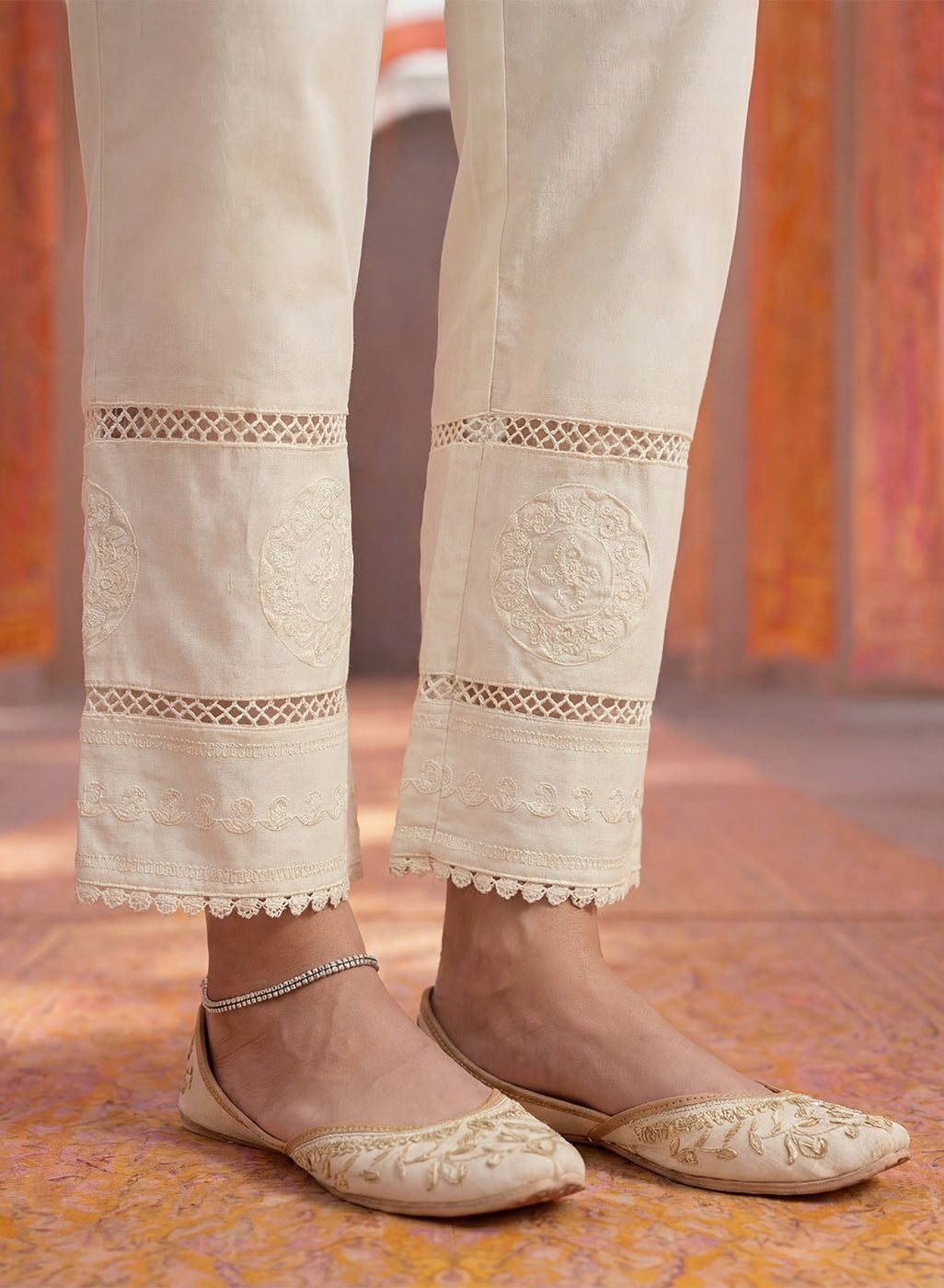 Ivory Lycra Straight Embroidered Palazzo