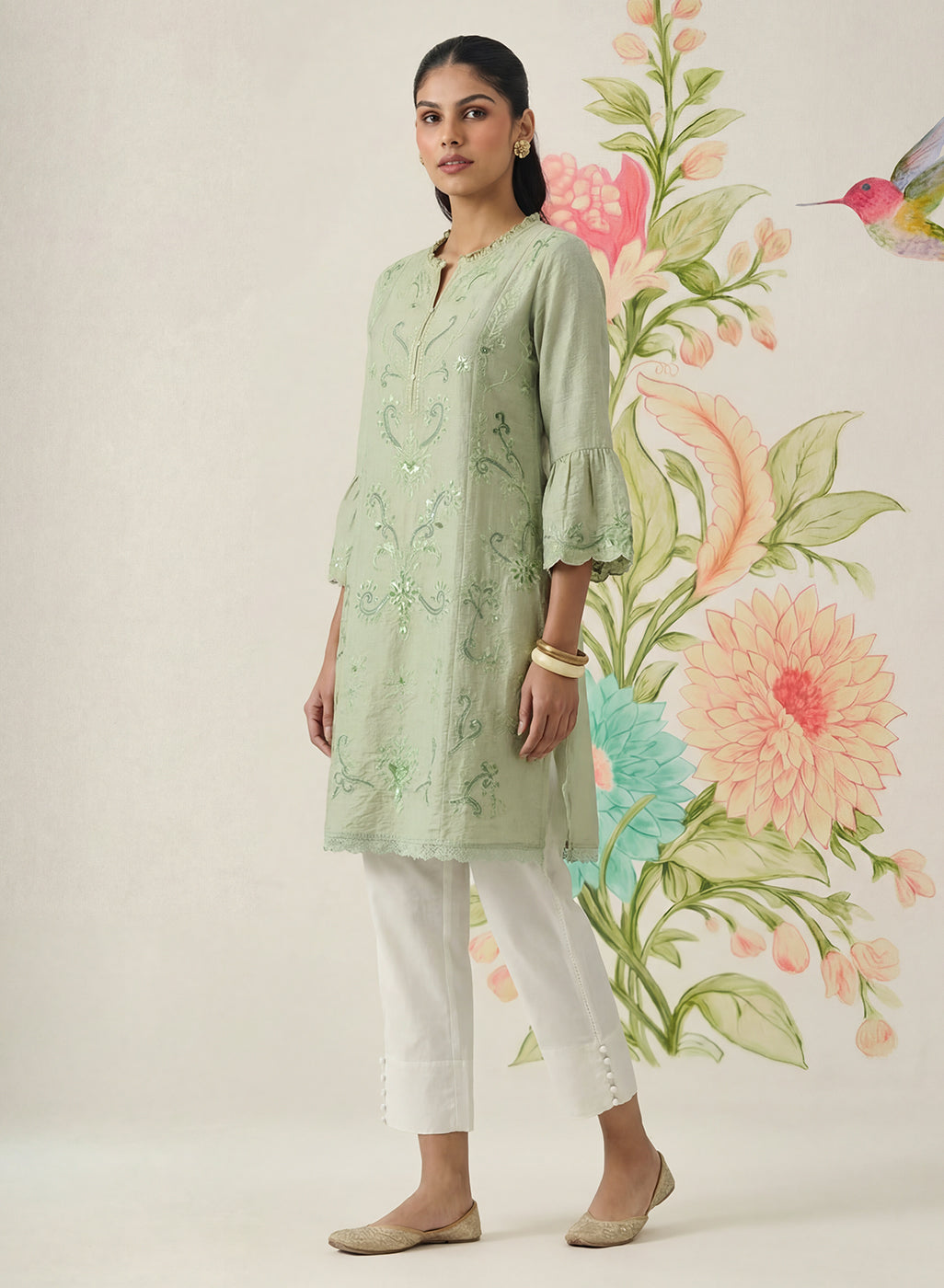 Saaj Light Green Embroidered Cotton Blend Kurta