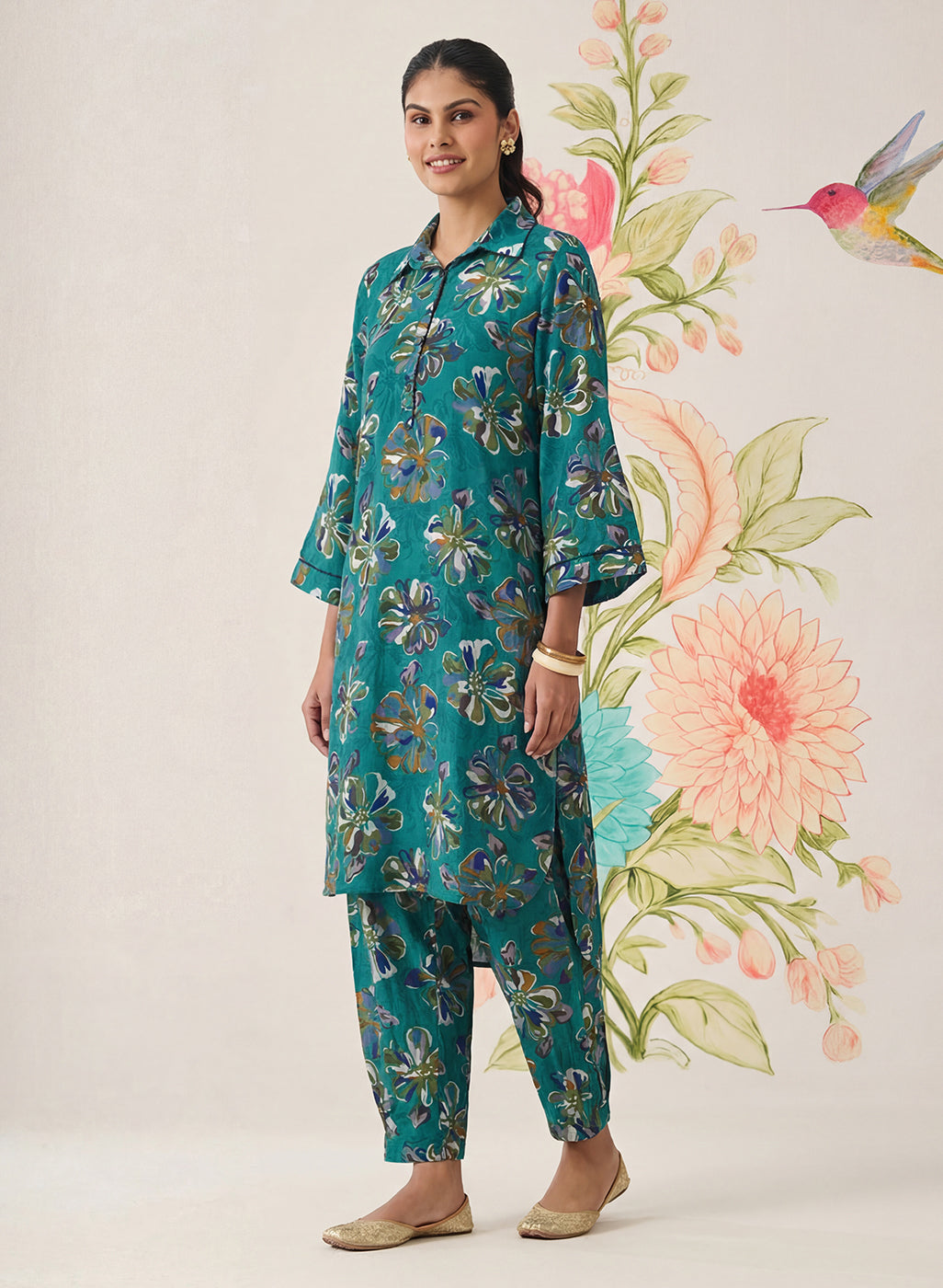 Khumari Teal Printed Cotton Blend Co-ord Set