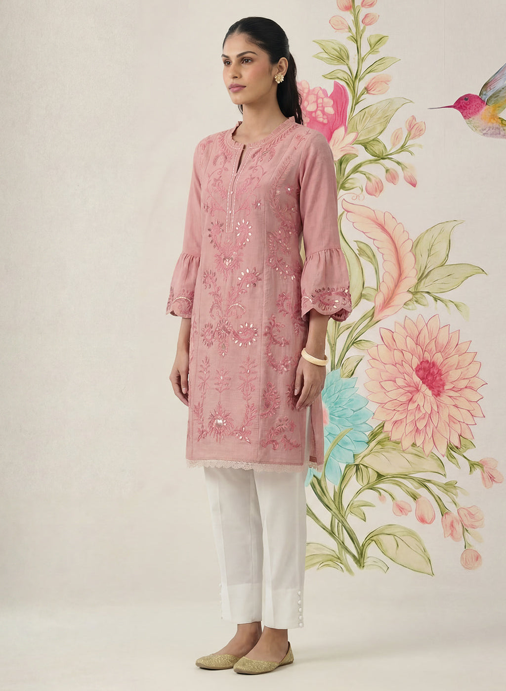 Saaj Light Pink Embroidered Cotton Blend Kurta