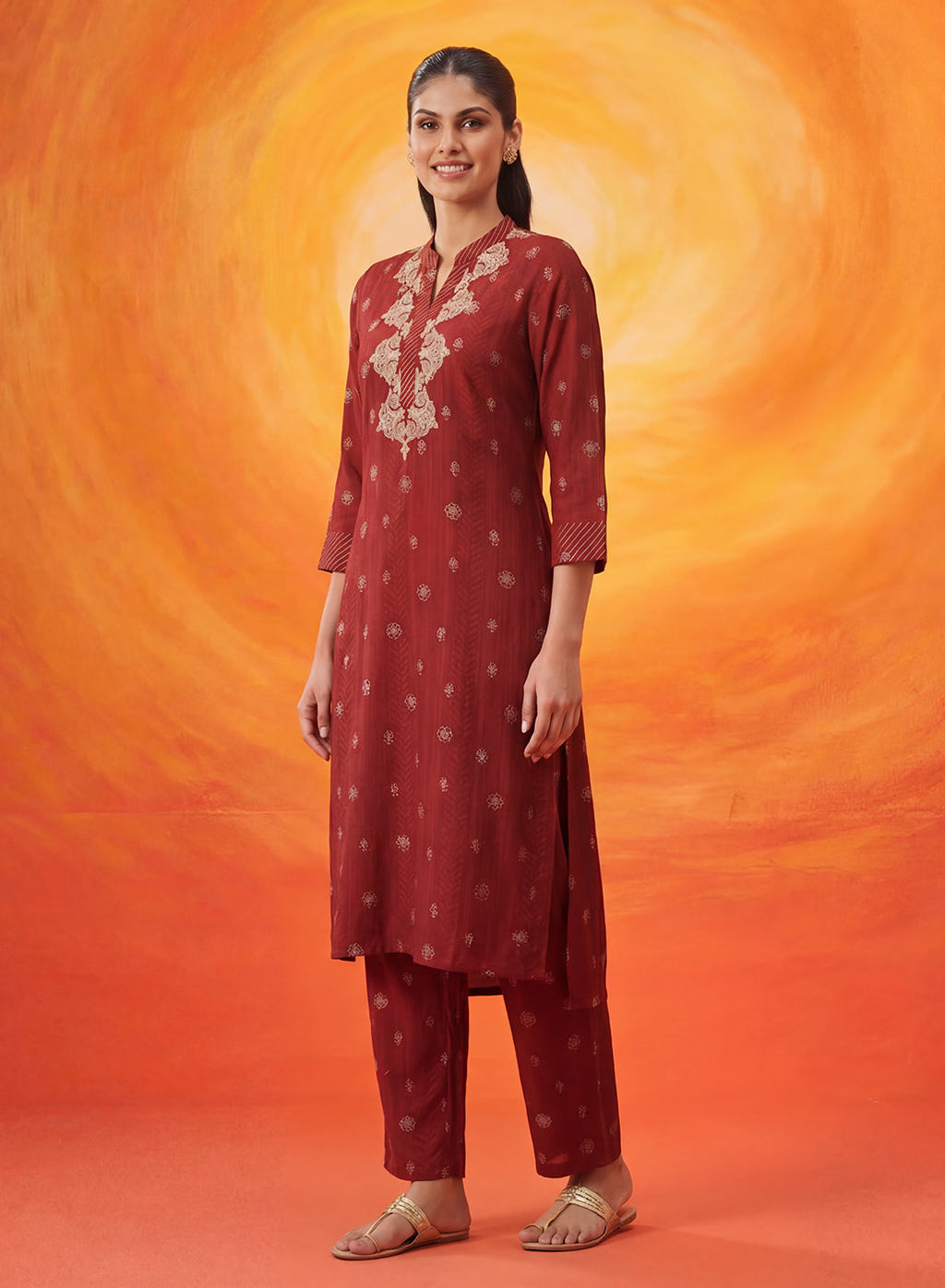 Chalka Red Printed Cotton Blend Kurta Set