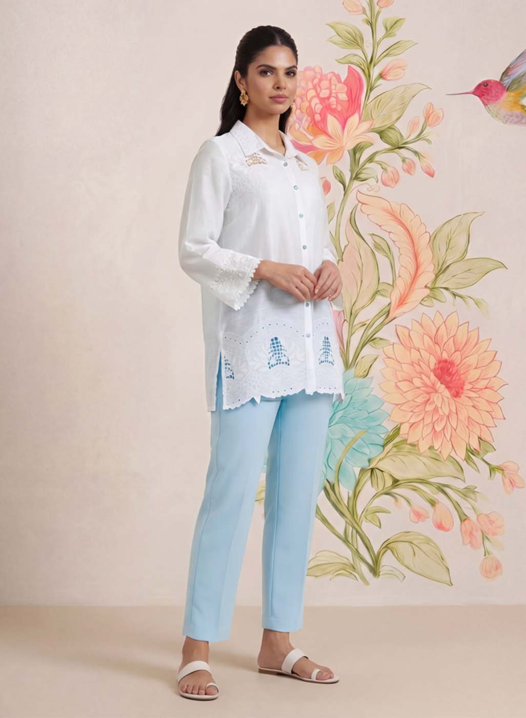 Nriti Ivory Embroidered Cotton- Blend Shirt