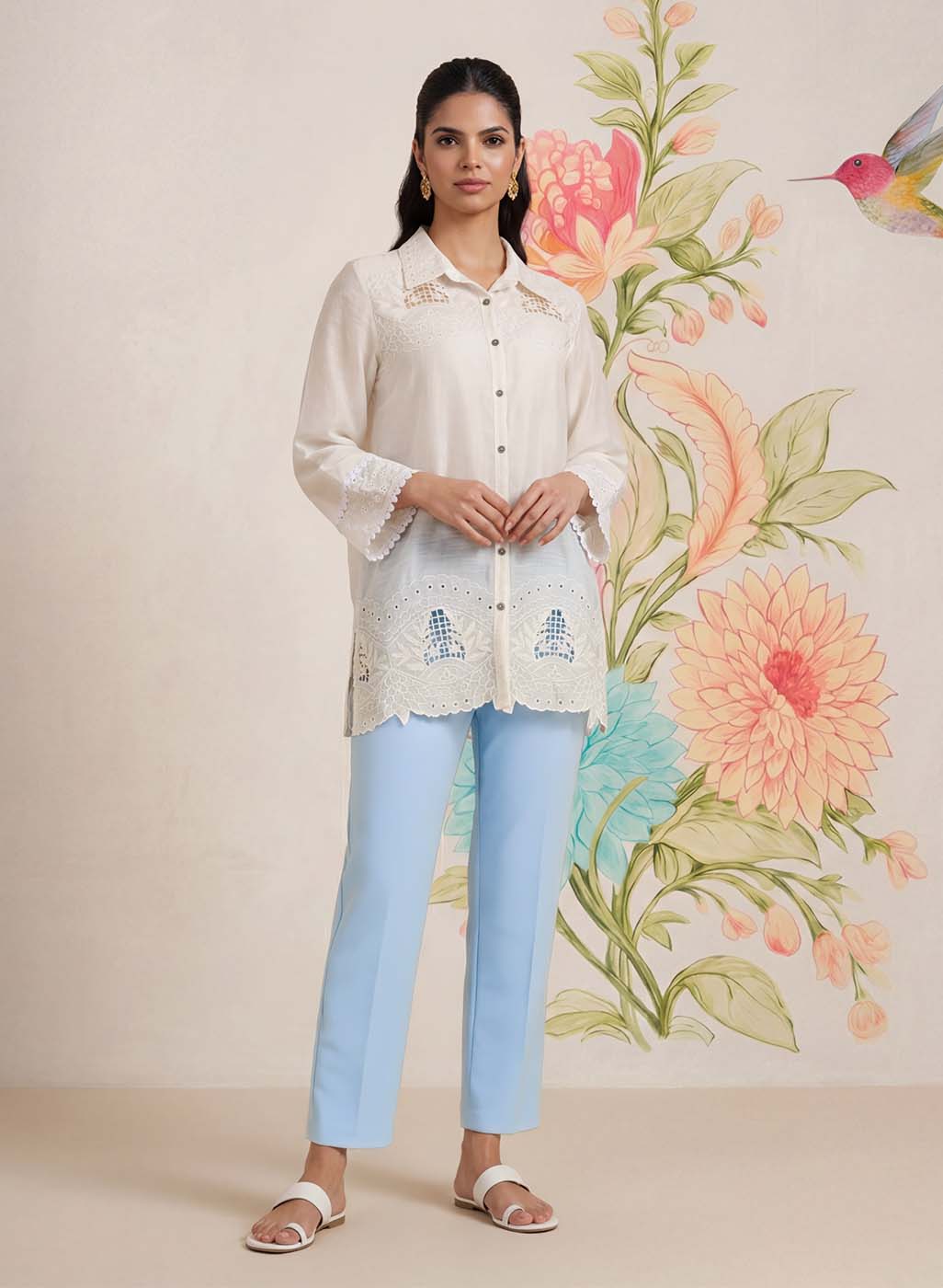 Nriti Ivory Embroidered Cotton- Blend Shirt