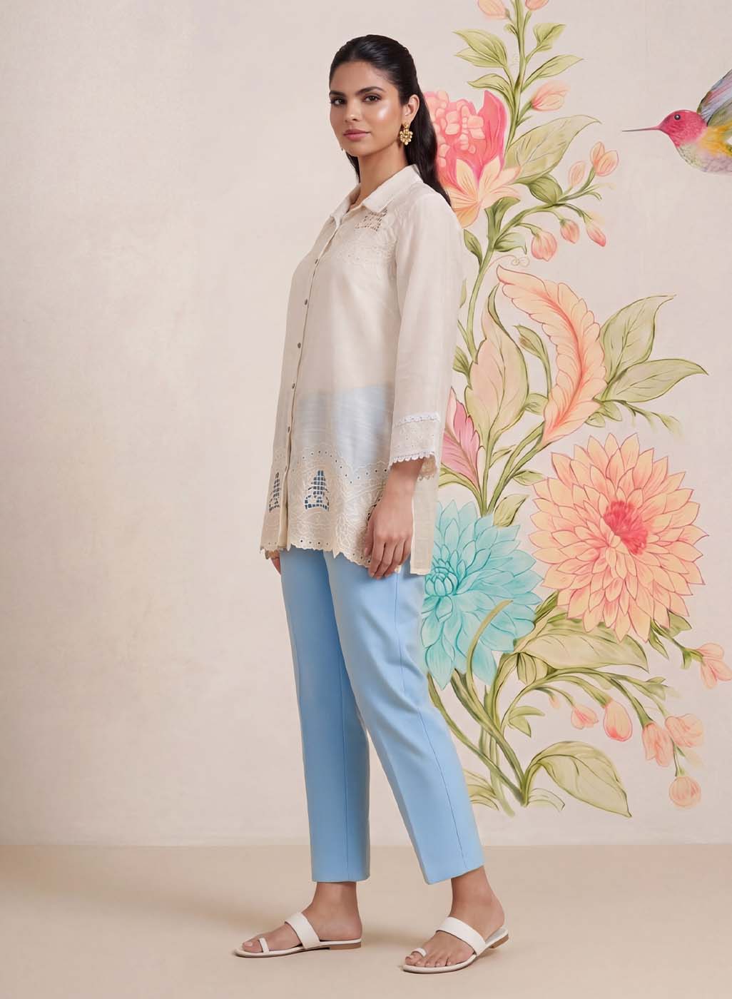 Nriti Ivory Embroidered Cotton- Blend Shirt