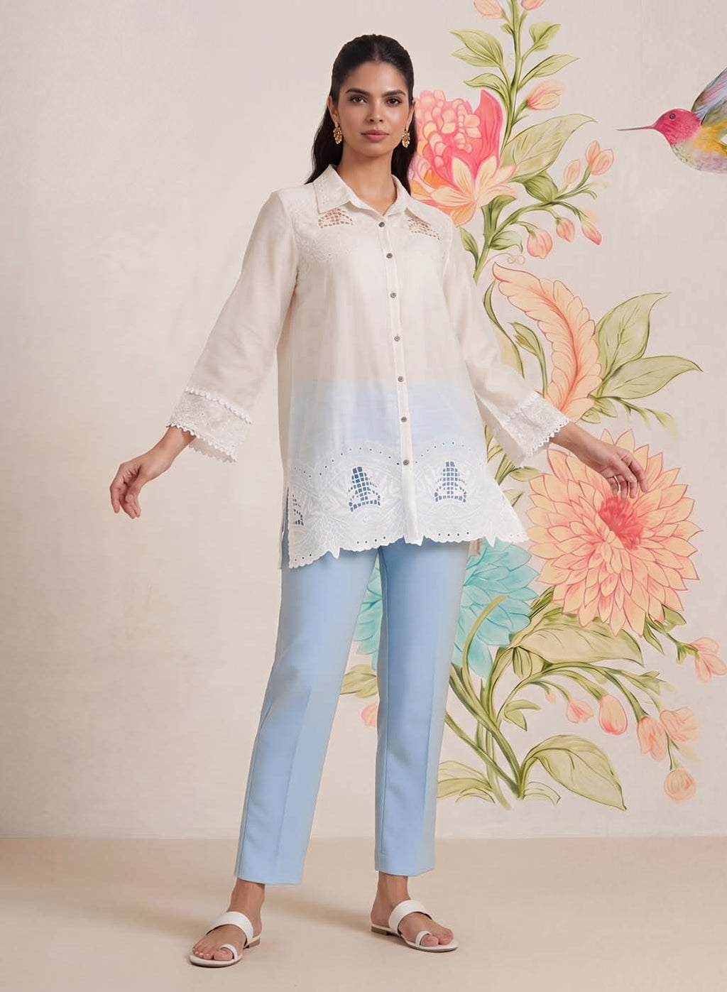Nriti Ivory Embroidered Cotton- Blend Shirt