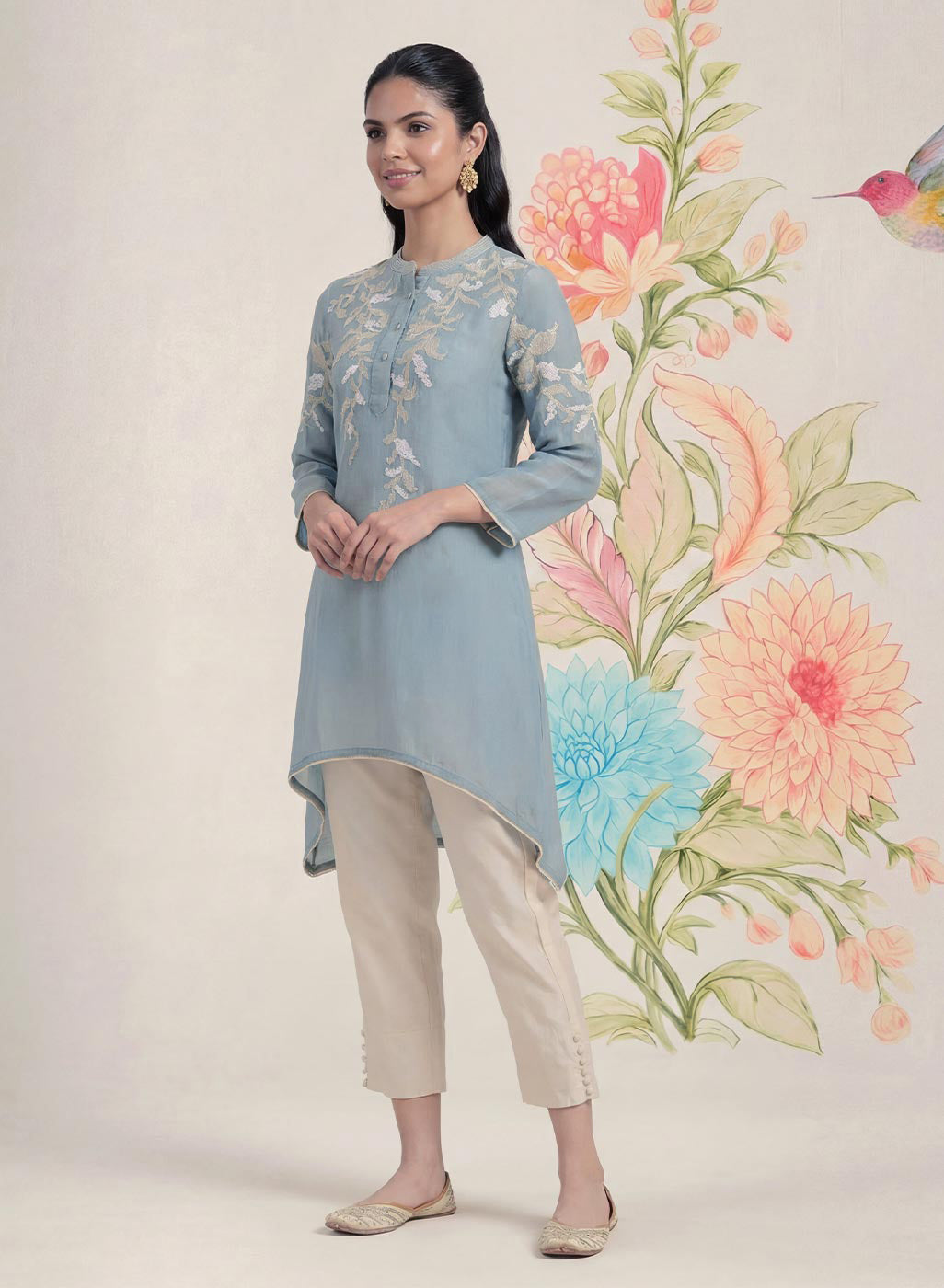 Intira Blue Embroidered A-line Kurta