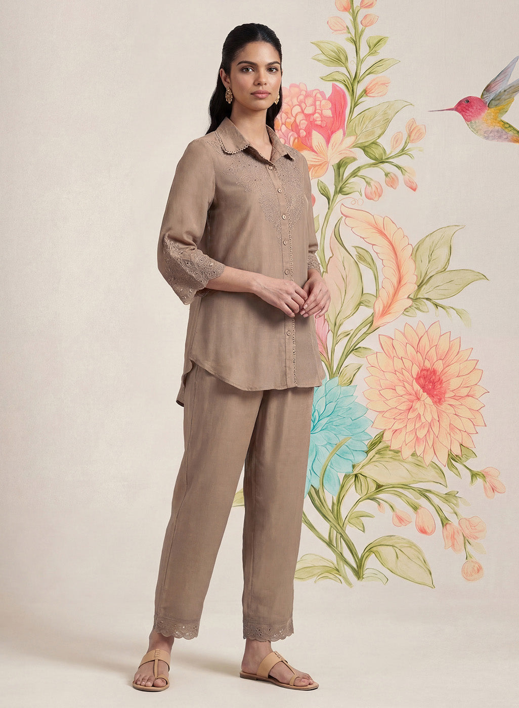 Zoa Beige Monochrome Embroidered Co-ord Set