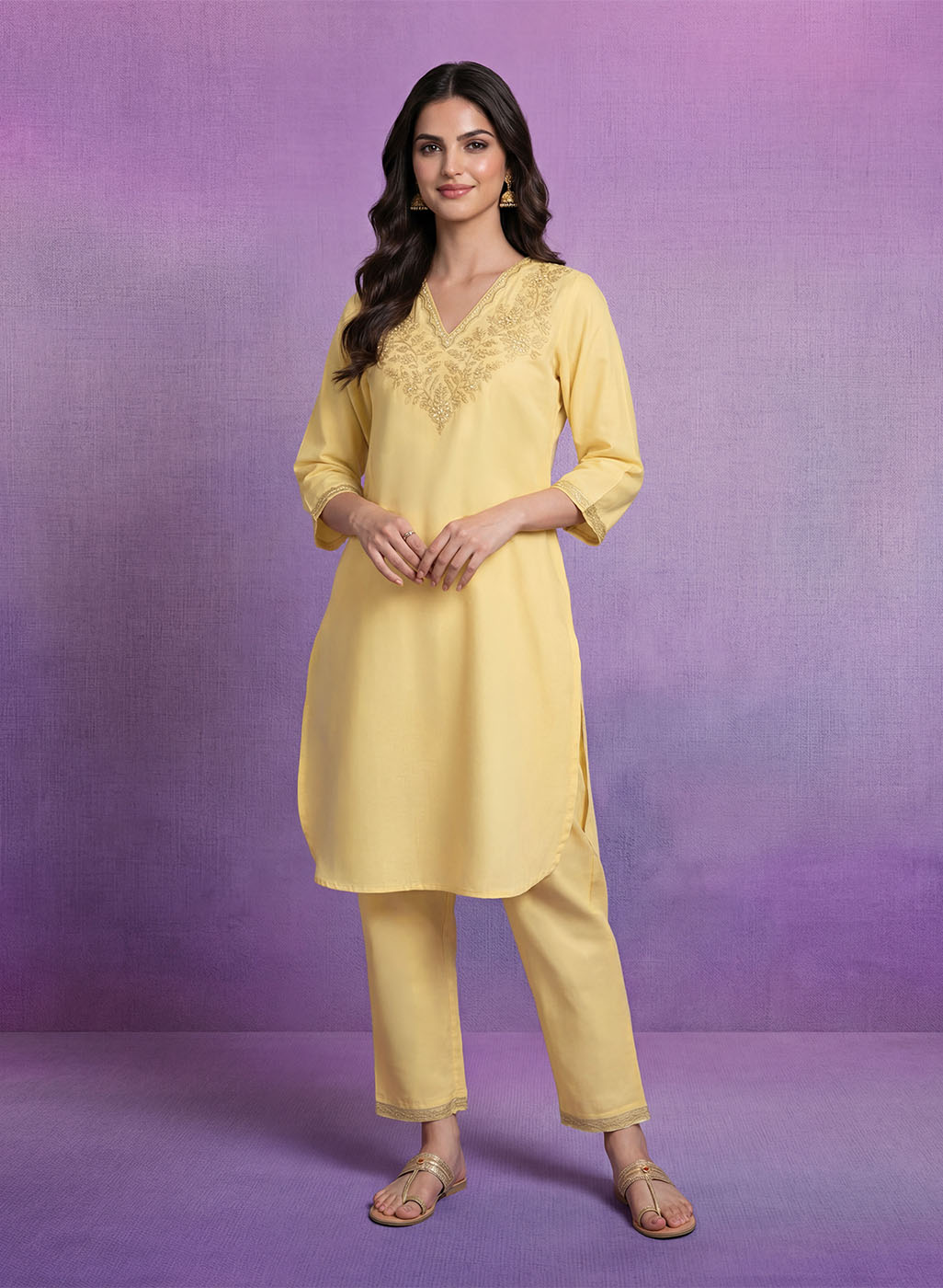 Light Yellow Embroidered Straight Kurta Set
