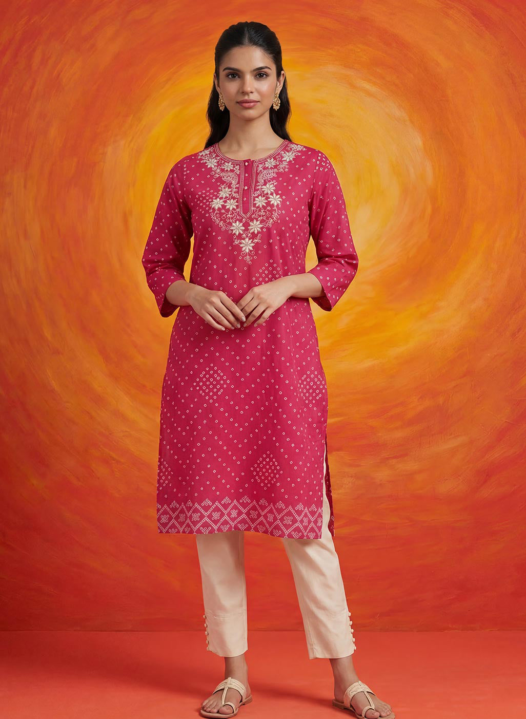 Khas Fuchsia Bandhni Printed Straight Kurta