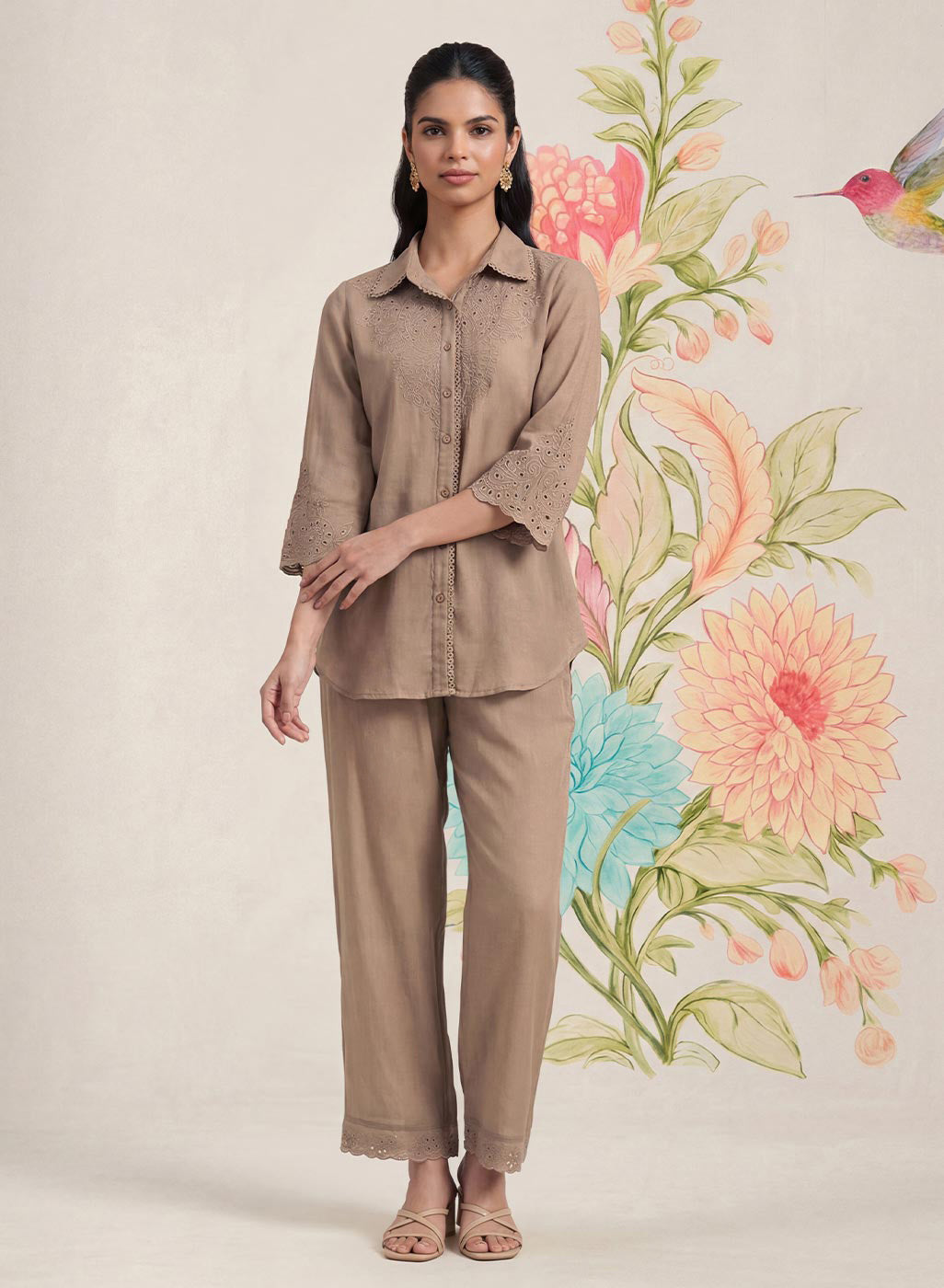Zoa Beige Monochrome Embroidered Co-ord Set