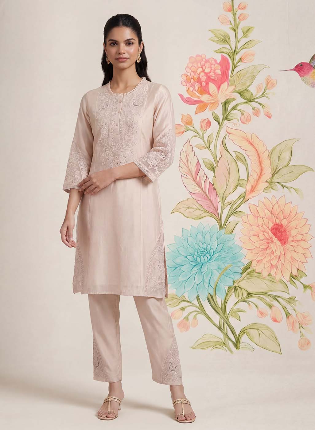 Suroor Light Beige Embroidered Chanderi Kurta Set