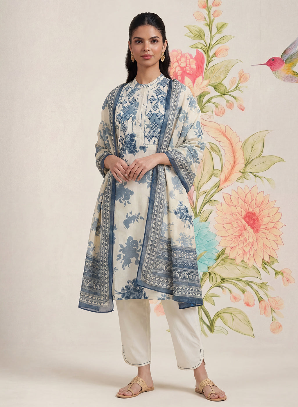 Falguni Blue Printed Cotton Suit Set with Dupatta
