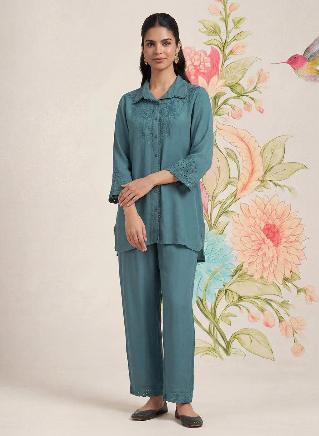 Zoa Teal Monochrome Embroidered Co-ord Set