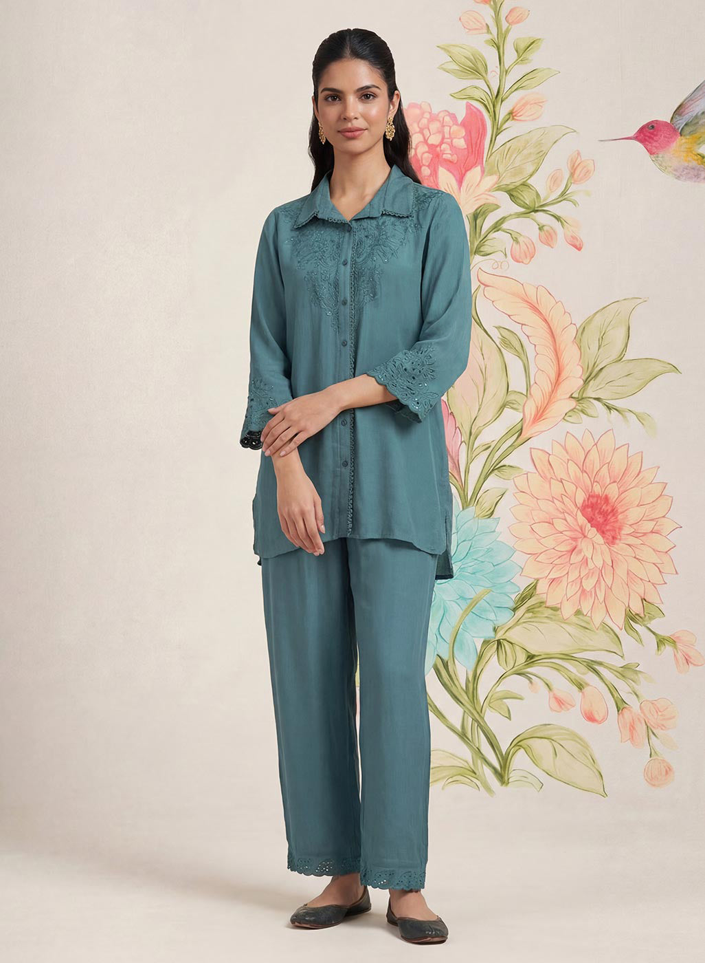Zoa Teal Monochrome Embroidered Co-ord Set
